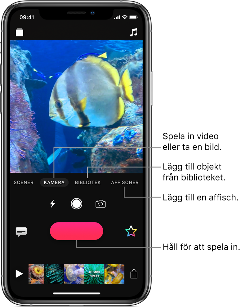 En videobild i visningsfönstret med knapparna Scener, Kamera, Bibliotek, Affischer, Livetexter, Spela in och Effekter nedanför.