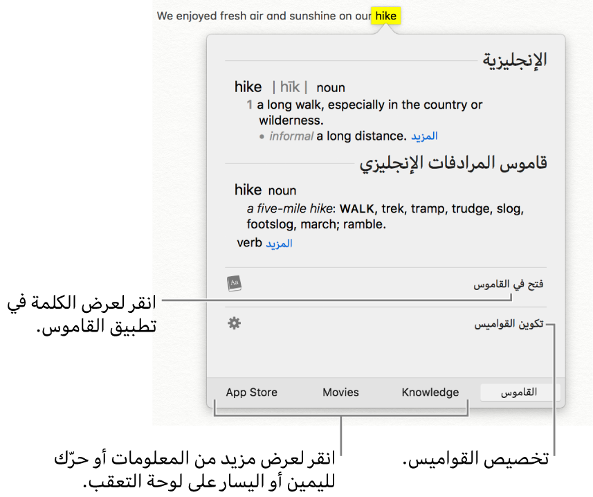 نافذة البحث وتعرض القاموس وتعريفات المترادفات لإحدى الكلمات.