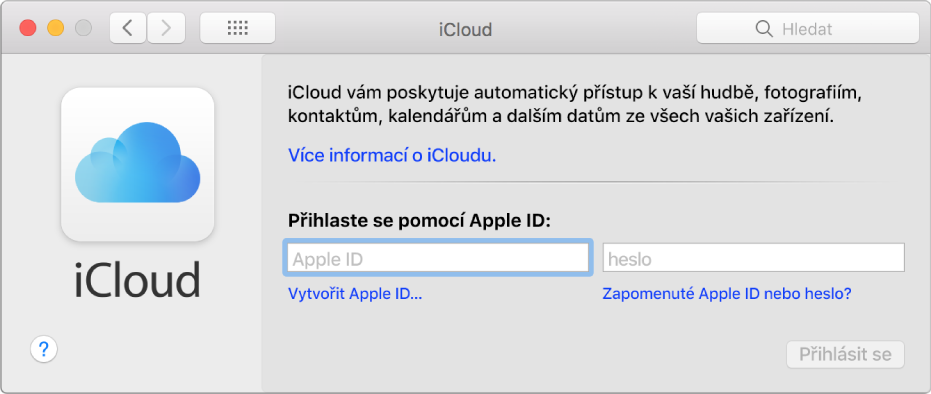 Okno předvoleb iCloudu s poli pro zadání Apple ID a hesla