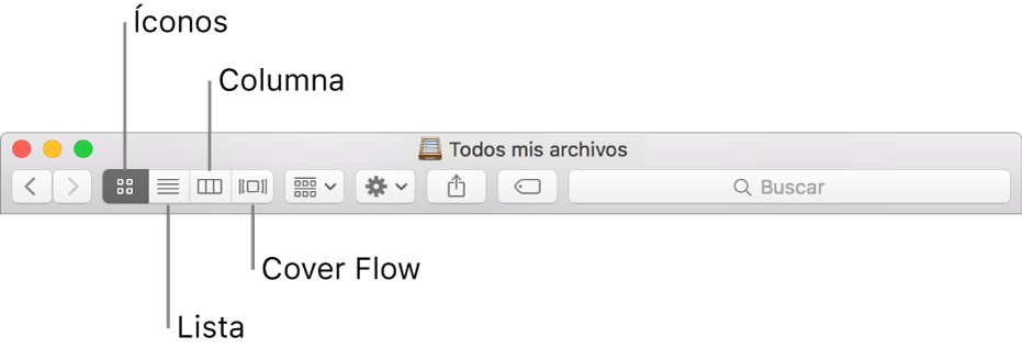 Los botones Ver en una ventana del Finder.