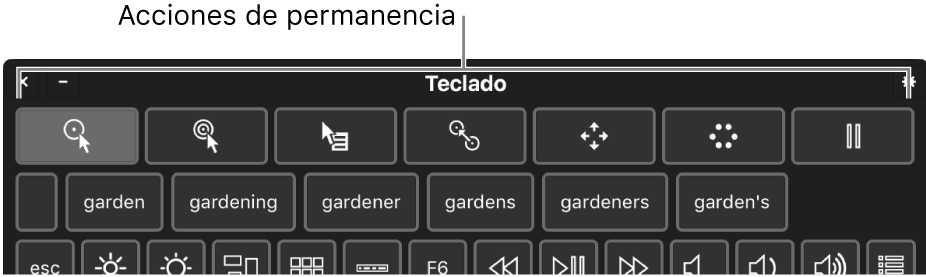 Botones de acción de Permanencia que se encuentran en la parte superior del teclado de Accesibilidad.