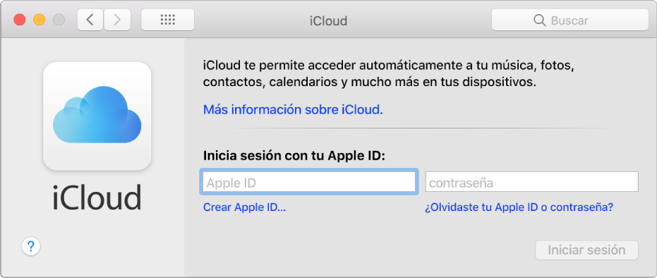 El panel de preferencias iCloud, listo para que el usuario ingrese el nombre y la contraseña de un Apple ID.