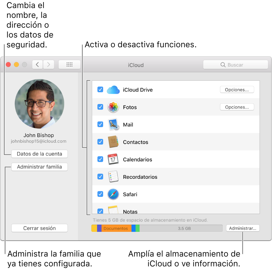 Panel de preferencias iCloud con todas las funciones seleccionadas.