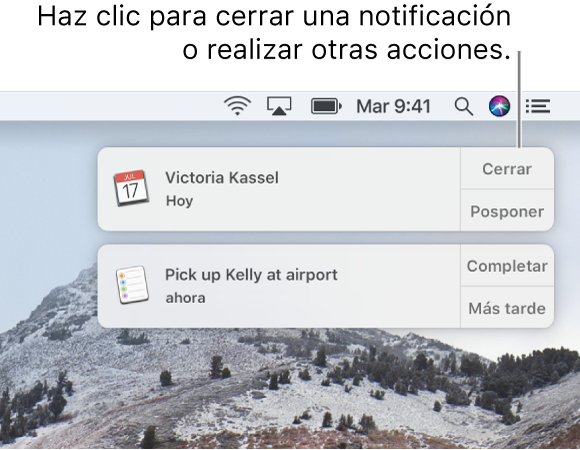 Las notificaciones de las apps Calendario y Recordatorios en la esquina superior derecha de la pantalla.