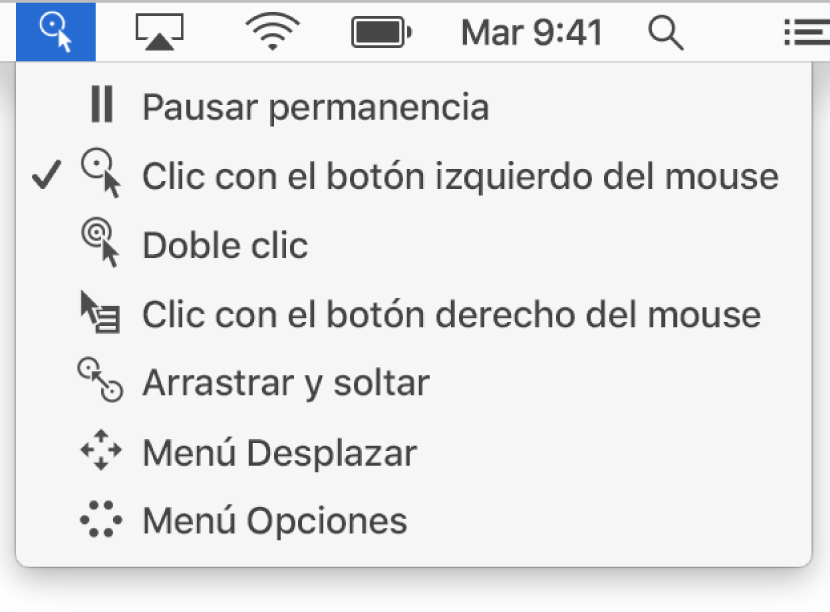 El menú de estado de Permanencia, cuyos elementos de menú incluyen, de arriba a abajo: “Permanencia pausada”, “Clic izquierdo”, “Doble clic”, “Clic derecho”, “Arrastrar y soltar”, “Menú Desplazar” y “Menú Opciones”.