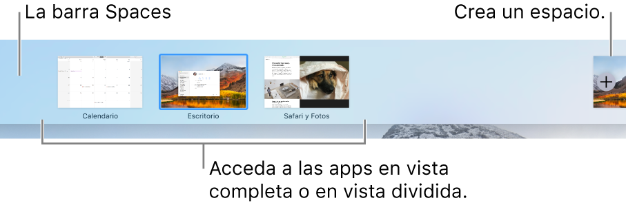 Barra de Spaces que muestra un espacio de escritorio, aplicaciones a pantalla completa y en Split View, y el botón Añadir para crear un espacio.