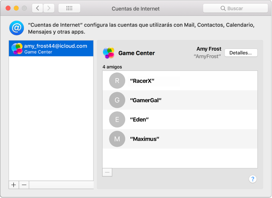 Una cuenta de Game Center en Cuentas de Internet.