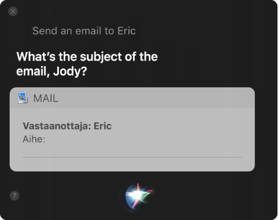 Siri-ikkuna, jossa näkyy sähköpostiviesti, jota sanellaan juuri.