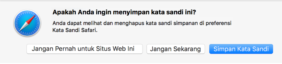 Dialog yang menanyakan apakah Anda ingin menyimpan kata sandi untuk situs web.