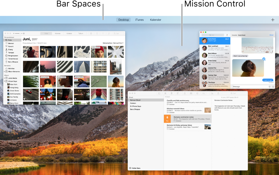 Beberapa jendela terbuka di Mission Control dengan bar Spaces di bagian atas layar.