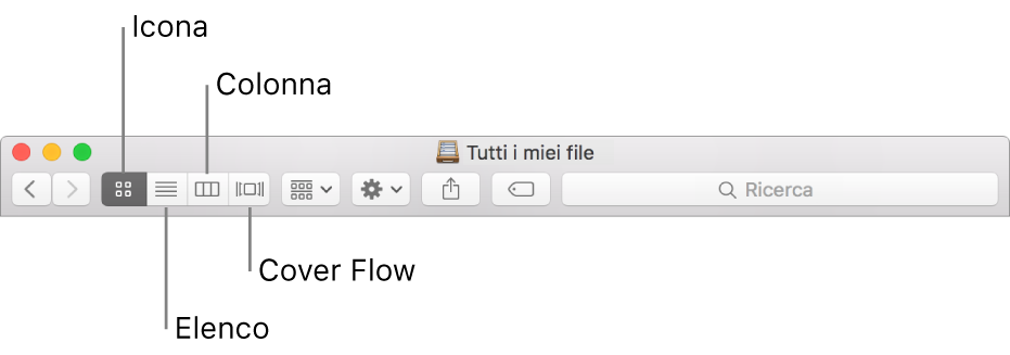 I pulsanti Vista in una finestra del Finder.