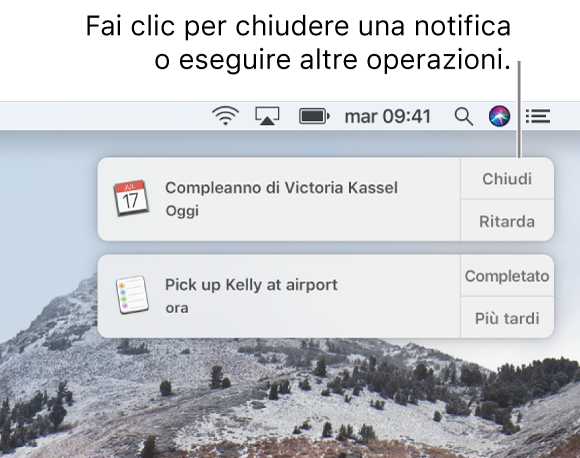 Le notifiche dalle app Calendario e Promemoria nell'angolo superiore destro dello schermo.