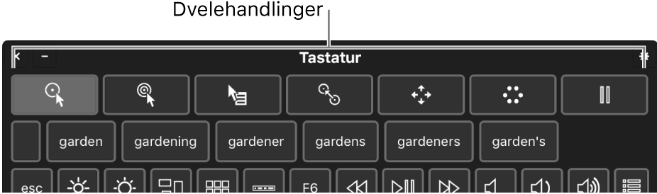 Dvelehandlingsknapper øverst på Tilgjengelighetstastaturet.