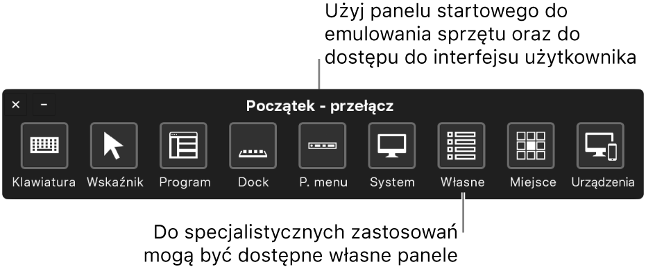 Panel startowy Sterowania przełącznikami pozwala na emulowanie sprzętu i dostęp do interfejsu użytkownika. Mogą być też dostępne własne panele do specjalnych zastosowań.