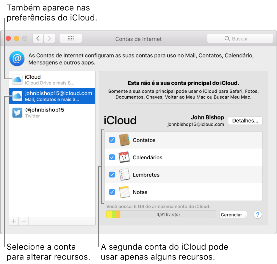 Preferências Contas de Internet mostrando duas contas do iCloud. A segunda conta, selecionada na lista à esquerda, mostra que ela tem apenas alguns recursos disponíveis.