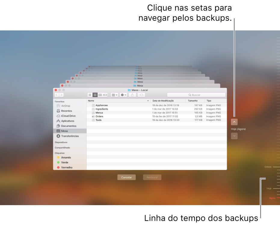 Quando você abrir o Time Machine, verá uma seta desfocada com várias telas do Finder em camadas para representar backups. Clique nas setas para navegar pelos backups (ou clique na linha do tempo de backups à direita) e escolha quais arquivos restaurar.