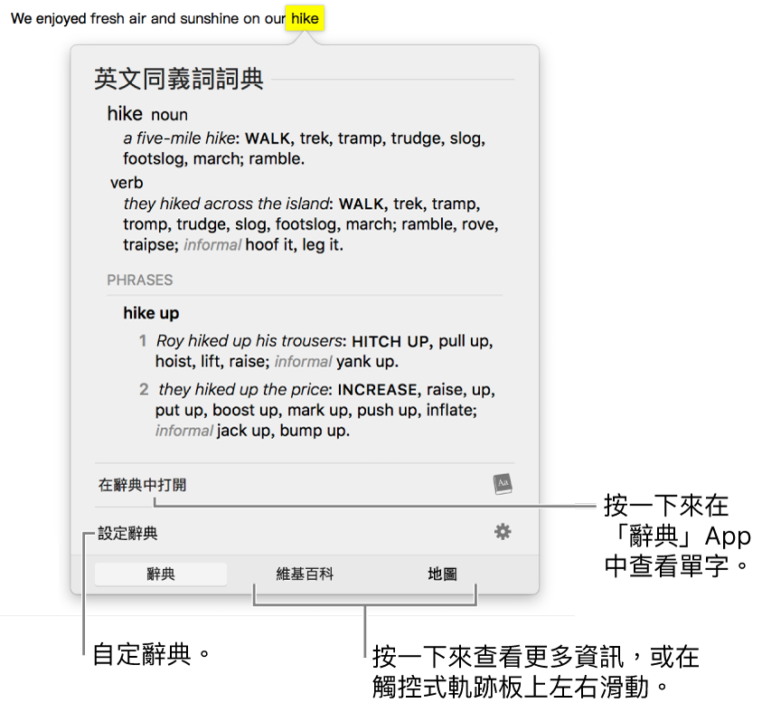顯示某個單字其「辭典」和「同義字」定義的「查詢」視窗。