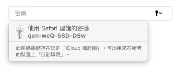 Safari 的建議密碼,顯示其會儲存於使用者的「iCloud 鑰匙圈」中,並可在使用者的裝置上用於「自動填寫」。
