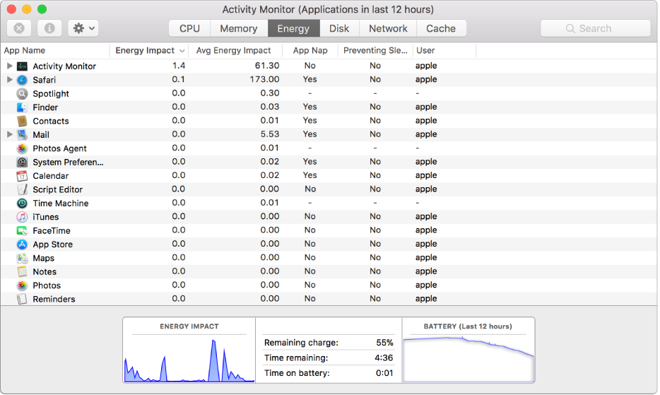 The Energy pane of Activity Monitor. The middle of the window shows a list of apps, with information about the energy usage of each one displayed in columns. At the bottom of the window is a graph showing the overall energy impact.