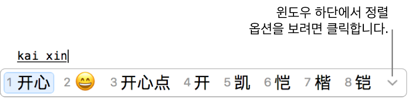kaixin(행복)을 입력한 후의 후보 한자 윈도우. 중국어(간체)로 행복을 나타내는 첫 번째 후보 한자. 행복한 얼굴 이모티콘을 나타내는 두 번째 후보 한자. 추가 옵션에 대한 윈도우 하단에 정렬 옵션을 표시하려면 펼침 삼각형을 클릭하십시오.