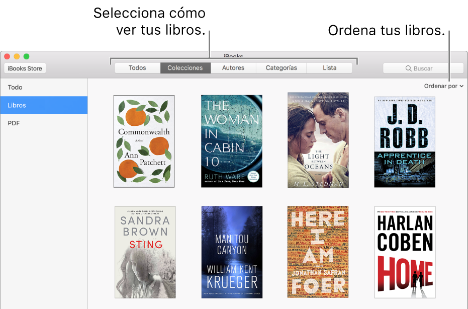 Una colección de libros en una biblioteca de iBooks.