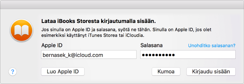 Valintaikkuna Apple ID:llä ja salasanalla kirjautumista varten.