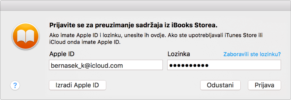 Dijaloški okvir za prijavu pomoću Apple ID-a i lozinke.