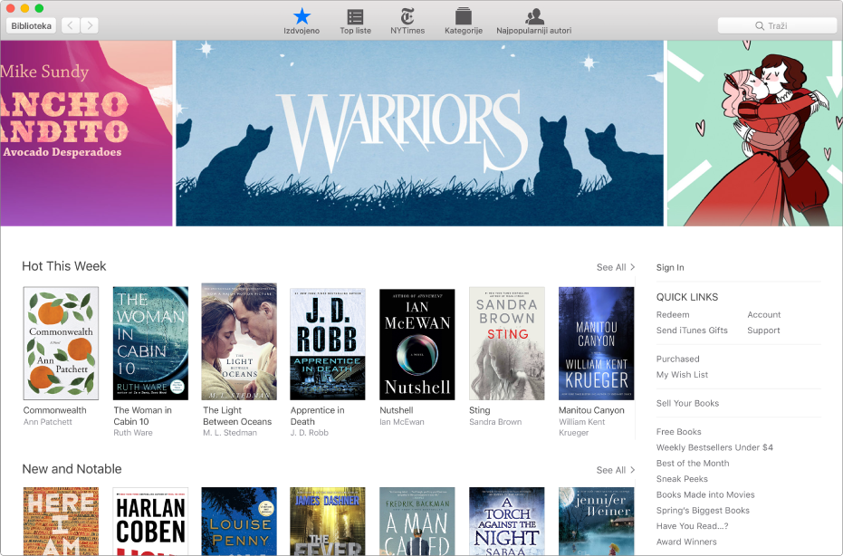 Područje Izdvojeno u aplikaciji iBooks Store.
