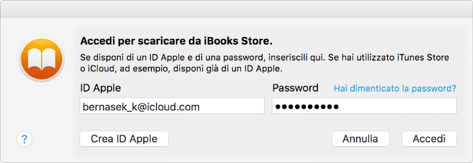 La finestra di dialogo per accedere utilizzando un ID Apple e una password.