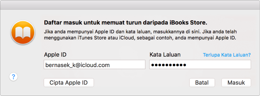 Dialog untuk daftar masuk menggunakan Apple ID dan kata laluan.