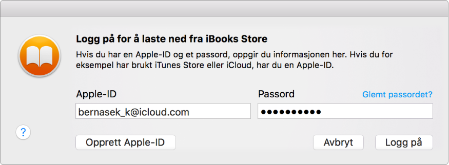 Dialogruten for å logge på med Apple-ID og passord.
