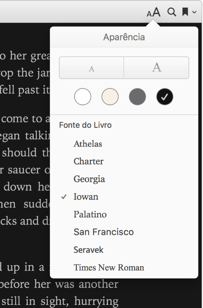 Controles de tamanho de texto, cor de fundo e fonte no menu Aparência.