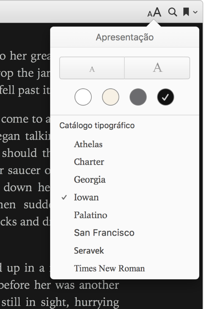 Os controlos de tamanho do texto, cor de fundo e tipo de letra no menu Apresentação