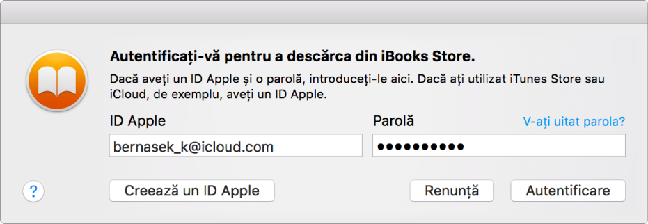 Fereastra de dialog de autentificare folosind ID-ul Apple și parola.