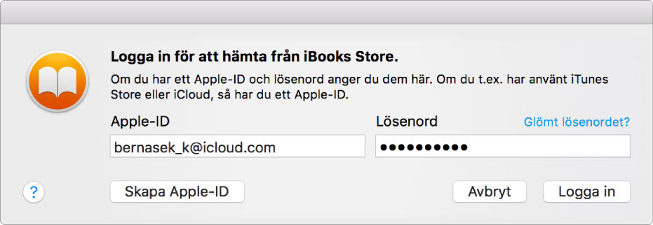 Dialogrutan för inloggning med ett Apple-ID och lösenord.