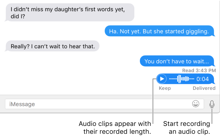 A conversation in the Messages window, showing the Soundbite button next to the text field at the bottom of the window.