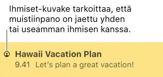 Muistiinpano, jossa otsikon vasemmalla puolella ihmiset-kuvake osoittaa, että se on jaettu vähintään yhden henkilön kanssa.