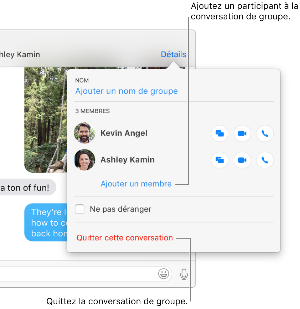 Vue détaillée s’affichant après avoir cliqué sur Détails dans une conversation de groupe. Ajouter un membre apparaît en dessous du nom du dernier participant dans la liste, tandis que Quitter cette conversation se situe au bas de la zone de dialogue.