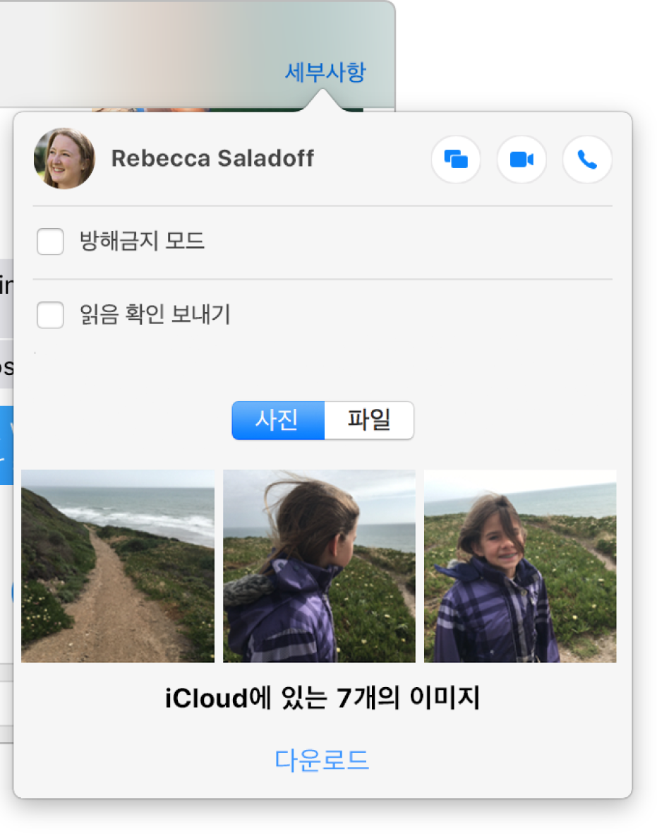 사진 앱 아래에 나타나는 사진 3장이 있는 세부사항 보기. 대화상자의 하단에 다운로드할 이미지 수가 위에 함께 표시되며 다운로드 메뉴가 나타납니다.