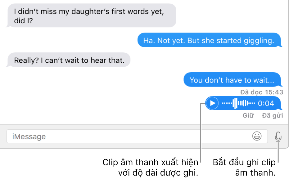 Cuộc hội thoại trong cửa sổ Tin nhắn, đang hiển thị nút Đoạn âm thanh bên cạnh trường văn bản ở cuối cửa sổ.