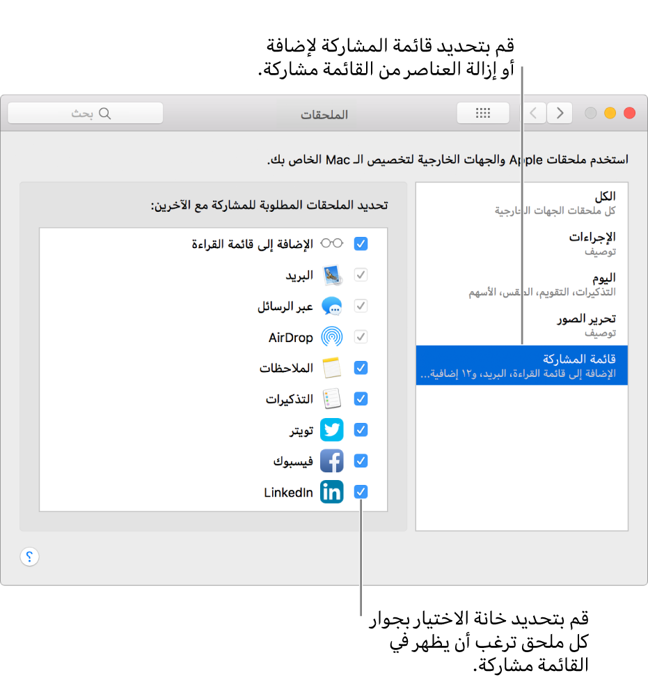 جزء الملحقات في تفضيلات النظام يعرض قائمة الملحقات الخاصة بجهات خارجية على اليسار.