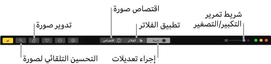 شريط أدوات التحرير تظهر به أزرار عناصر الضبط، والفلاتر، وخيارات الاقتصاص.