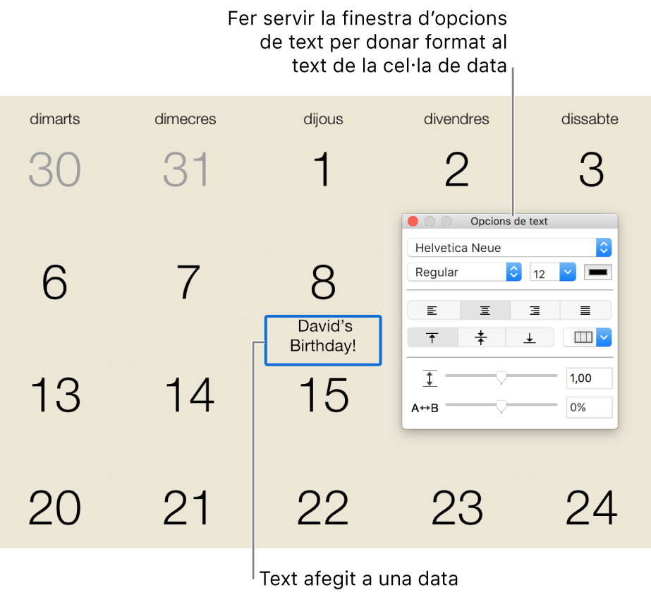 Una data d’un calendari amb text afegit i la finestra “Opcions de text” a la dreta.