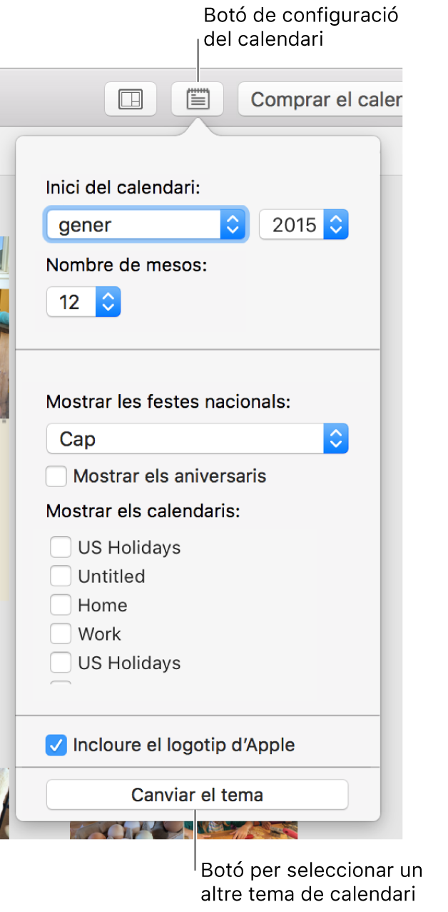 Opcions de configuració del calendari, amb el botó “Canviar el tema” a la part inferior.