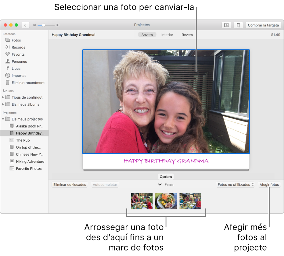 Una targeta amb una foto seleccionada i el botó “Afegir fotos” a la part inferior dreta.