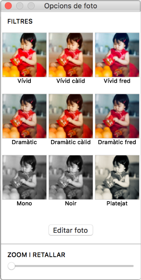Finestra “Opcions de foto” amb les opcions de vora a la part superior.