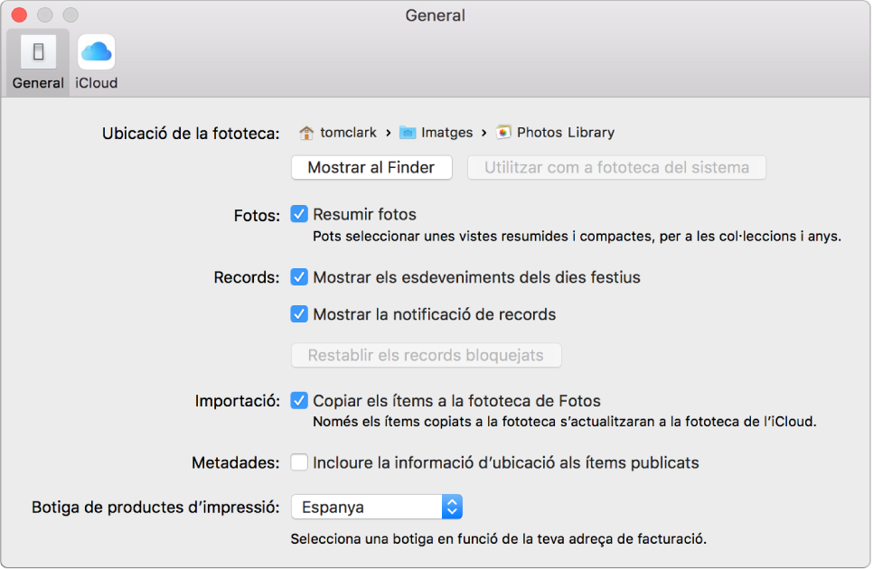 Tauler General de les preferències de l’app Fotos.