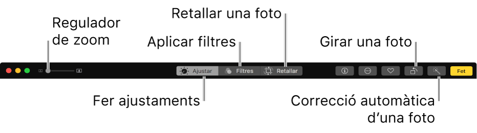 Barra d’eines d’edició amb els botons per mostrar els ajustos, els filtres i les opcions de retall.