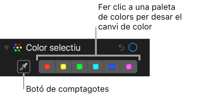 Els controls “Color selectiu” amb el botó del comptagotes i mostres de color.