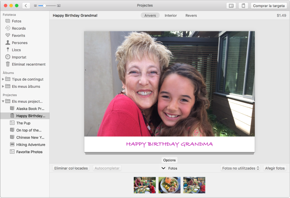 Finestra de l’app Fotos on es mostra una targeta de felicitació.